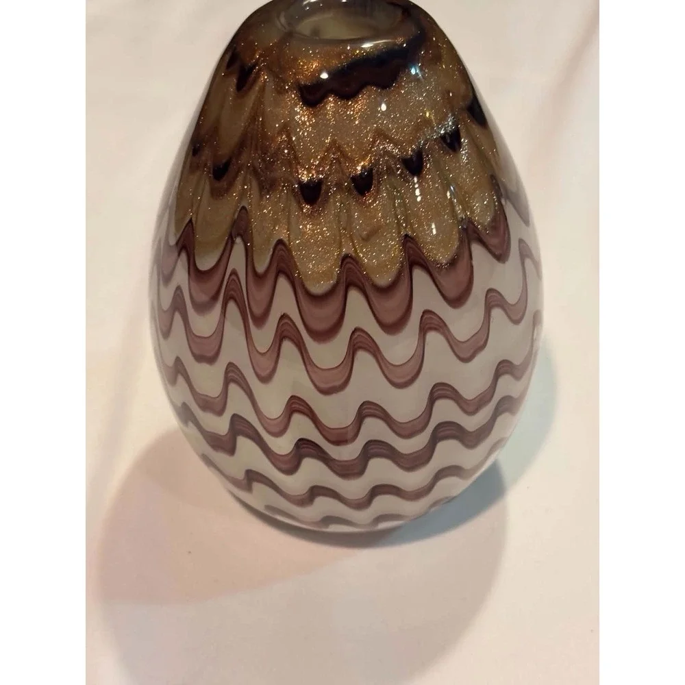 Dale Tiffany Favrile Hand Blown Art Glass Vase Brown Gold Iridescent Swirl Tag